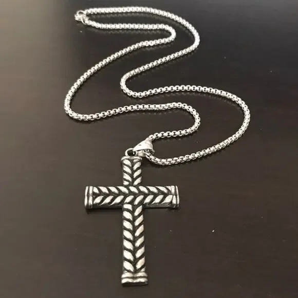 Men’s Large Stainless Steel Silver Jewry Cross Necklace Gift Birthday Christmas - Picture 1 of 4